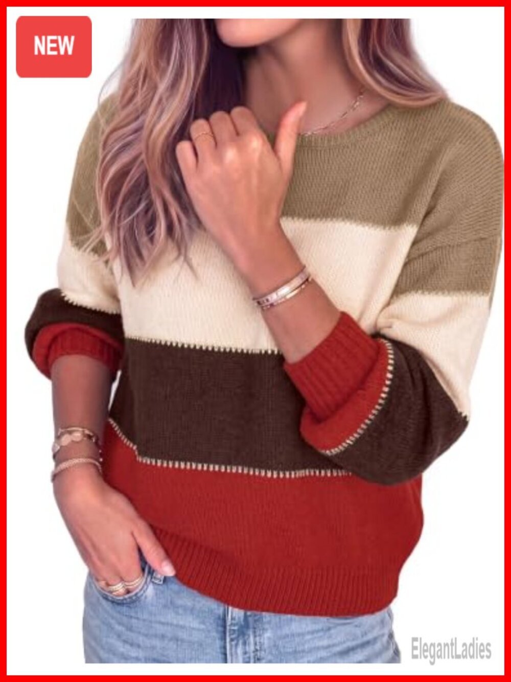 Oversized Striped Color Block Bow Pullover Sweater Crew Neck Long Sleeve